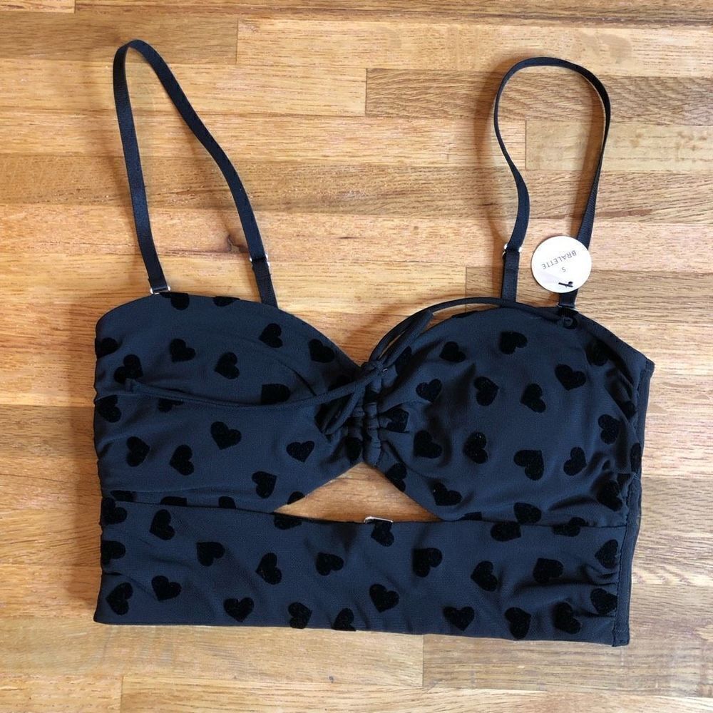 Forever 21 Women's Heart Print Drawstring Bralette Bra Black Small